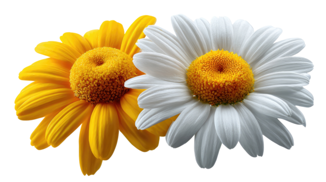 Duo of Delight: Two vibrant daisies, one bathed in golden hues and the other in pristine white, exude purity and natural beauty. These floral jewels of summer offer a touch of serenity and joy.