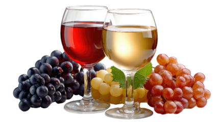 Cheers to Flavors: Two elegant glasses brimming with rich red and crisp white wine are presented alongside luscious clusters of purple and green grapes, a symphony of taste and visual delight.