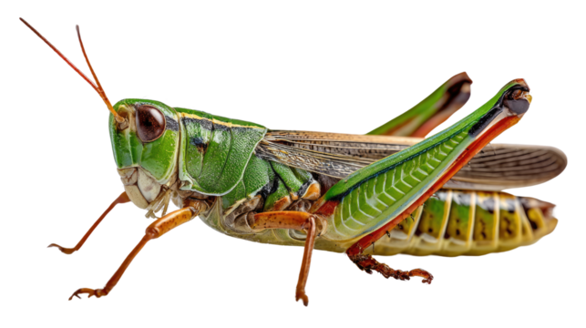 Macro Grasshopper Portrait: A detailed close-up of a vibrant grasshopper showcases its intricate anatomy, from its large eyes and antennae to its textured body.