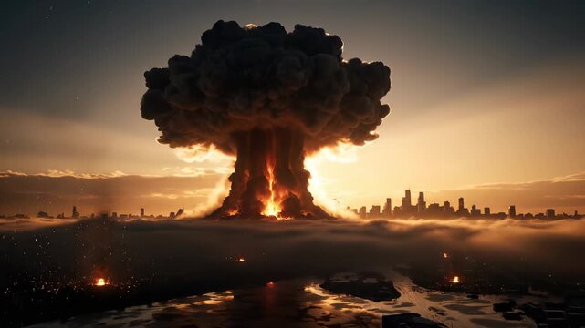 Explosion forms mushroom cloud over city skyline. Nuclear detonation sends shockwave and ash across terrain. Destruction spreads through ruins and debris. Aftermath reveals crater and damage.