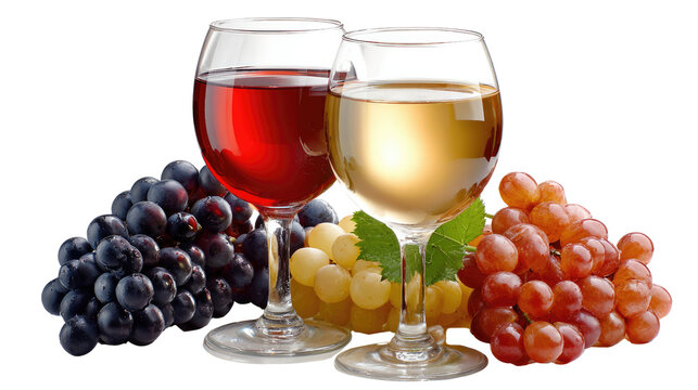 Cheers to Flavors: Two elegant glasses brimming with rich red and crisp white wine are presented alongside luscious clusters of purple and green grapes, a symphony of taste and visual delight.