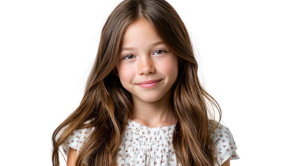 Joyful Smile: A young girl, radiating with a gentle smile, exudes a sense of purity and optimism, her long hair cascading gently as she looks toward the camera.