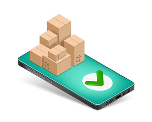 Cardboard boxes stacked on a smartphone screen. Delivery of cargo and parcels. Isometric view. Vector illustration.