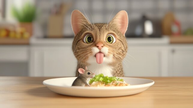 Mouse sits on a dinner plate while an American Shorthair cat looks on with its tongue out, creating a playful and cute moment in a cozy kitchen setting