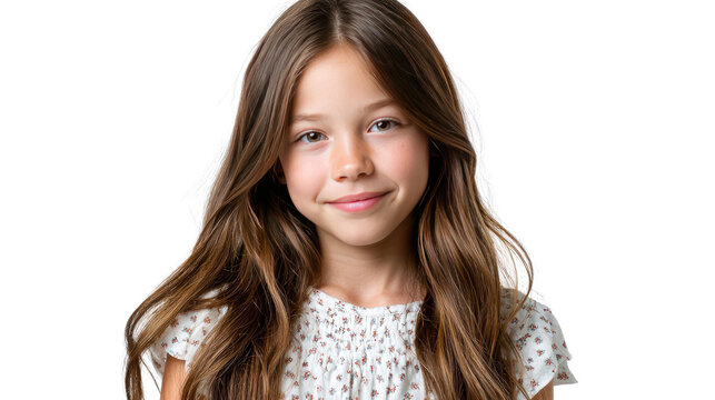Joyful Smile: A young girl, radiating with a gentle smile, exudes a sense of purity and optimism, her long hair cascading gently as she looks toward the camera.