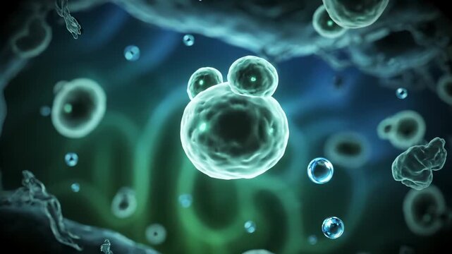 cell and vesicle float in fluid suspension. membrane shows movement and drift among particle network. cluster formation emerges as cell aggregate. visual study highlights microscale motion detail.