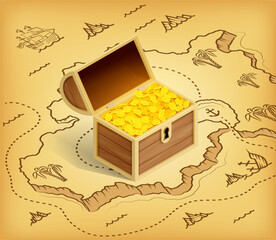 Chest with gold coins on an old pirate treasure map. Isometric projection. Vector illustration.