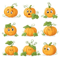 Cute cartoon pumpkin characters with funny faces and green leaves, set of pumpkins showing different emotions and expressions on white background