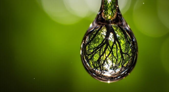 Green macro shows water drop with tree reflection. Captures light, suggests nature, environment, growth. For website backgrounds, posters, ecological campaigns.