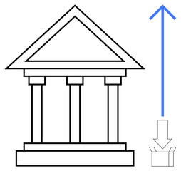 Classic temple structure with three columns and triangular roof signifying knowledge, blue upward arrow for progress, open box symbolizing creativity. Ideal for education, success, growth