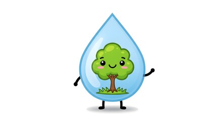 Waterdrop cartoon features a tree inside. Graphic illustration for branding, posters.