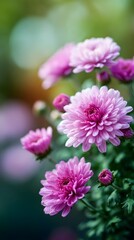 Close up of blooming pink asters in garden, macro photography of chrysanthemum flowers with soft bokeh and green background