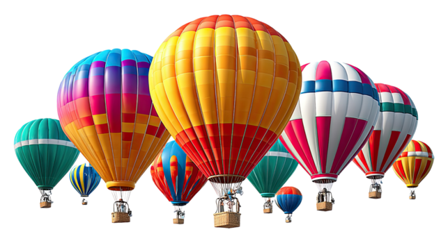 Skyward Bound: A cluster of colorful hot air balloons ascends majestically, each a vibrant testament to the spirit of adventure and the boundless allure of the skies. 