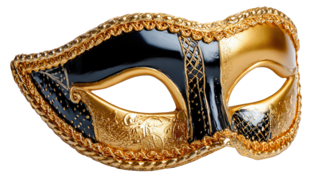 Masked Elegance: A luxurious masquerade mask, showcasing intricate detailing, including gold accents and sophisticated patterns, rests delicately, promising an evening of mystery and allure.