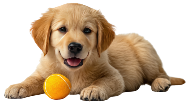 Golden Puppy's Playtime: A playful golden retriever puppy with a bright, innocent expression sits beside a vibrant ball, a picture of joy and innocence, symbolizing friendship.
