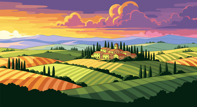 Tuscan Countryside Landscape at Sunset Rolling Hills & Village View