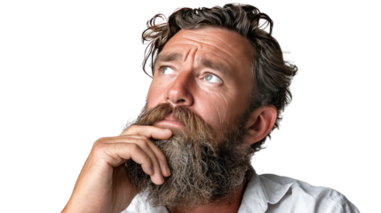 Introspective Contemplation: Capturing a pensive moment, a man with a full beard gazes upwards, his expression etched with deep thought and introspection.