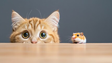 Cute cat peeks over table edge, looking at a hamster with big eyes in a funny, low-angle shot against a dark background