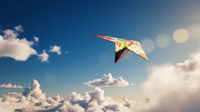Colorful kite soaring joyfully through a bright blue sky with fluffy clouds