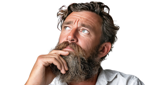 Introspective Contemplation: Capturing a pensive moment, a man with a full beard gazes upwards, his expression etched with deep thought and introspection.