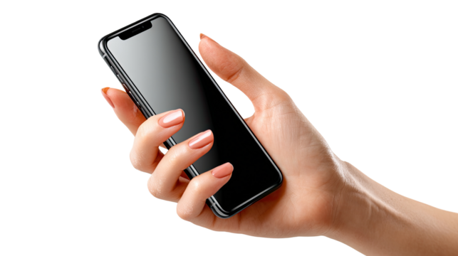 Hand Holding a Smart Phone: A sleek smart phone, cradled gently in a manicured hand, gleams with a blank screen, ready to connect and communicate, offering a glimpse into the digital world.