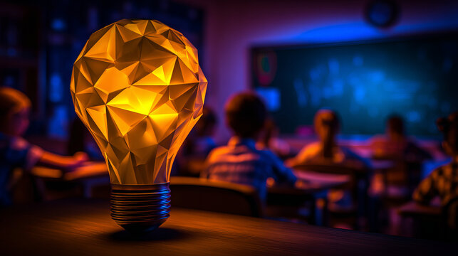 Innovative light bulb symbolizing creativity in education, illuminating classroom setting
