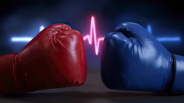 A red and a blue boxing glove face each other separated by a glowing pink heartbeat line against a dark neon-lit background