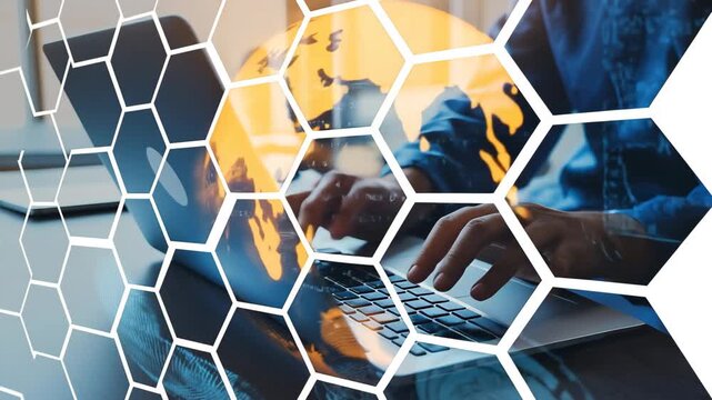 Hands Typing on Laptop Through Hexagonal Digital Overlay computer technology