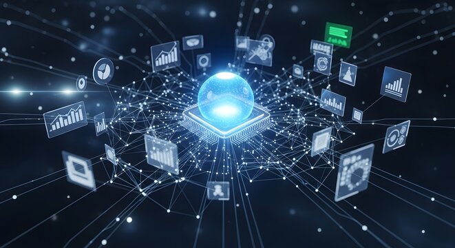 Central computer processor with data analytics icons - Powered by Adobe