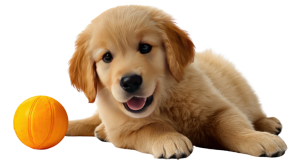Playful Pup and Toy Ball: A cheerful golden retriever puppy lies contentedly beside an orange toy ball, embodying innocence and joy. A scene that radiates warmth and affection.