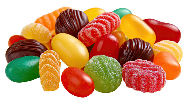Sweet Assortment Delight: A vibrant collection of colorful candies, each piece offering a unique shape and tempting texture, invites a playful indulgence of sweetness and pure sugary satisfaction.