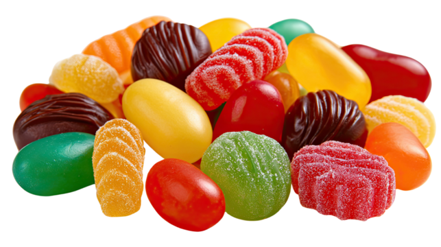 Sweet Assortment Delight: A vibrant collection of colorful candies, each piece offering a unique shape and tempting texture, invites a playful indulgence of sweetness and pure sugary satisfaction.
