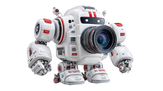 Camera Robot: A creative representation of a camera transformed into a friendly, advanced robot, embodying the cutting-edge fusion of technology and art.