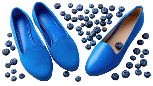 Blue Footwear Surrounded by Berries: Stylish blue shoes are artfully complemented by scattered blueberries, creating a captivating visual narrative.