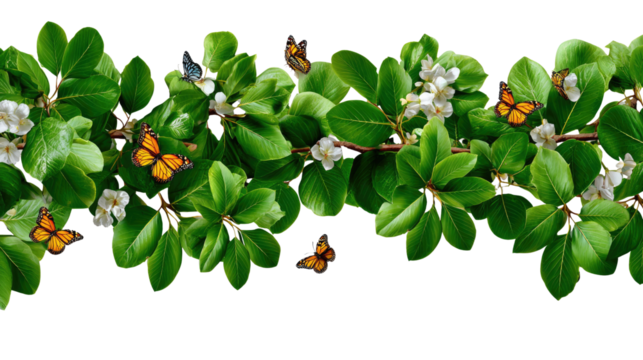 Butterfly dance on the leaves: A vibrant display of nature's beauty featuring green leaves, delicate white flowers and colorful butterfly.