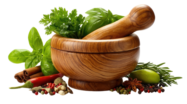 Aromatic Harmony: A meticulously arranged assortment of herbs and spices is cradled in a wooden mortar and pestle, ready to infuse a culinary creation with rich flavors and aromas.