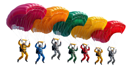  Soaring through the Sky: A breathtaking panorama of colorful parachutes fills the vast expanse above, each gracefully carrying an individual toward the ground.