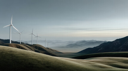 Aerial view of wind turbine on rolling hill landscape, renewable energy, clean power, serene atmosphere, misty mountain background