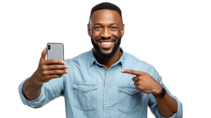 Smiling Man Holding Smartphone: A man joyfully points at a smartphone held in his hand, radiating positive energy and showcasing the ease of modern technology.