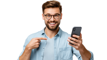 Modern Connection: A smiling individual in glasses, showcasing the ease of modern communication and technology by holding a smartphone, a symbol of staying connected.