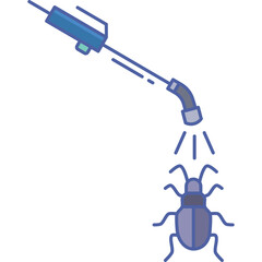Illustration of a pest control sprayer targeting a beetle with a blue and teal color scheme on a transparent background representing insect extermination and garden care