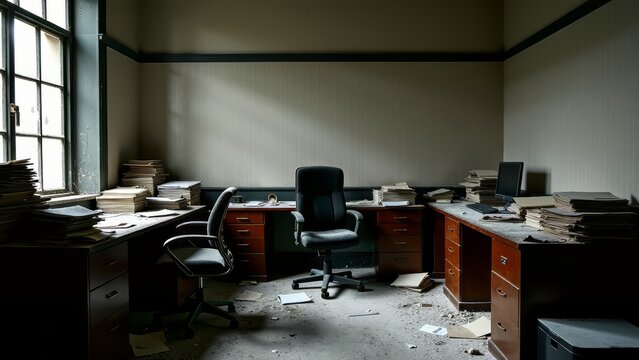 Abandoned office with dusty desks and paper piles