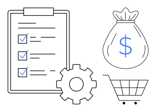 Checklist and gear highlight task organization and process money bag emphasizes financial goals shopping cart signifies commerce. Ideal for planning, finance, e-commerce, strategy, budgeting