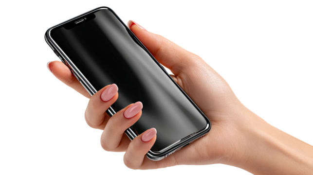 Elegance in Hand: A refined hand delicately cradles a sleek, modern smartphone, the polished surface reflecting innovation and connection.