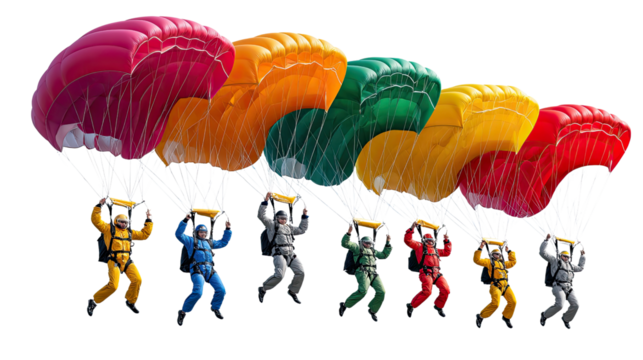  Soaring through the Sky: A breathtaking panorama of colorful parachutes fills the vast expanse above, each gracefully carrying an individual toward the ground.