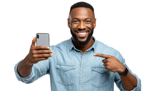 Smiling Man Holding Smartphone: A man joyfully points at a smartphone held in his hand, radiating positive energy and showcasing the ease of modern technology.