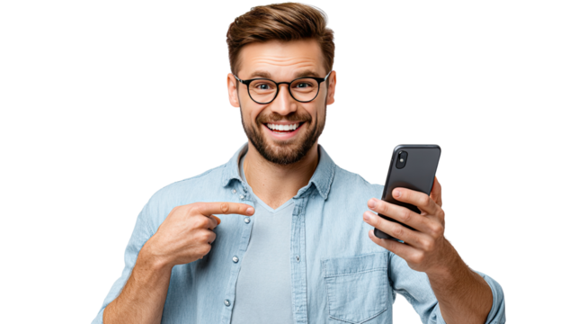 Modern Connection: A smiling individual in glasses, showcasing the ease of modern communication and technology by holding a smartphone, a symbol of staying connected.
