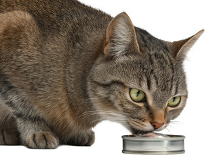 Pet cat isolated, adult cat eating canned cat food, wet cat food, adorable cat close-up portrait, isolated on a transparent background, professional pet photography, pet food advertising concept