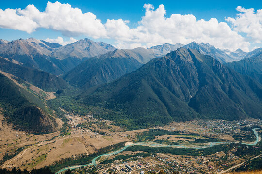 Mountain landscape of the Teberda River, Karachay-Cherkess Republic, Russia. Aerial view of the Teberda River. Panorama.