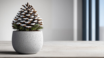 Christmas tree with snow in pot on table